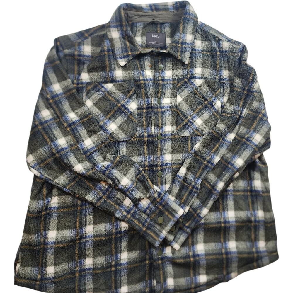 Marks Spencer M&S Fleece Jacquard Check Overshirt 3XL Flannel Shirt Jacket Snap